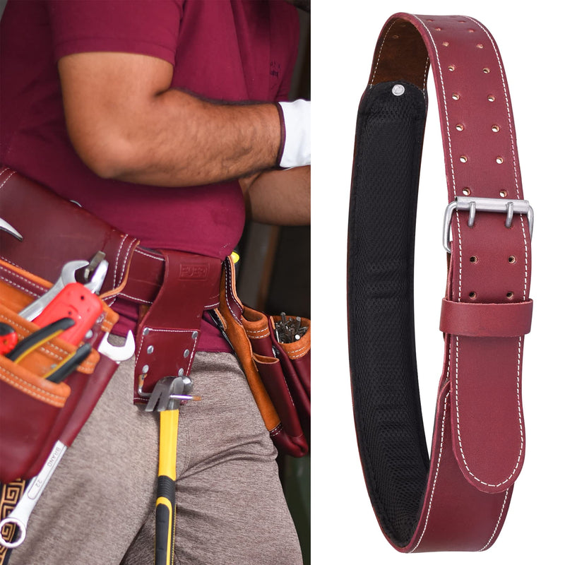 FUERI Premium Leather Work Belt | Adjustable Tools Work Belt for Suspender and Pouches with Padding Covered with Mesh for Carpenter, Electrician, Framer, Mechanic (Maroon) Maroon
