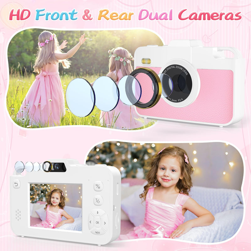 Digital Camera for Kids, 1080P Kids Camera with 16X Zoom, Point and Shoot Digital Camera with Dual Lens, Toddler Camera for Boys Girls, Best Chritmas Birthday Gift Toys for Kid, 8GB TF Card, Blush