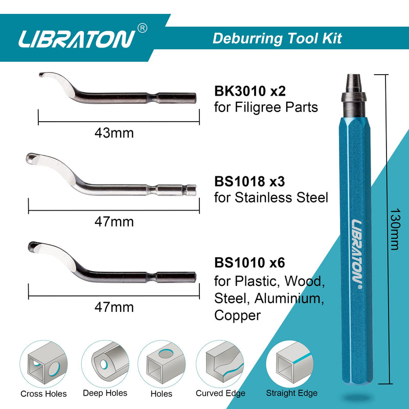LIBRATON Deburrer with 11 Blades, Hand Deburrer, Plastic | Universal deburring tool for plastic (also 3D printing), metal, stainless steel, aluminum, steel 11 blades (3 variants) A