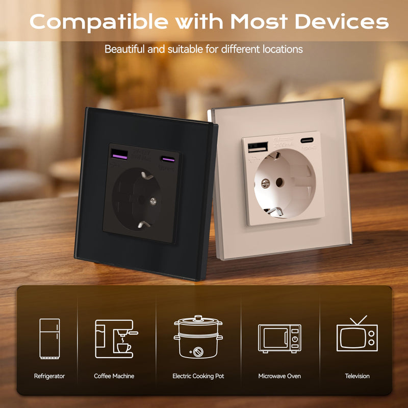 BSEED Glass Socket with 20 W USB C, Quick Charger Wall Socket, 3-in-1 Flush-Mounted Sockets, Easy Installation, 240 V 16 A, 86 mm, 1 Compartment, White 1-gang