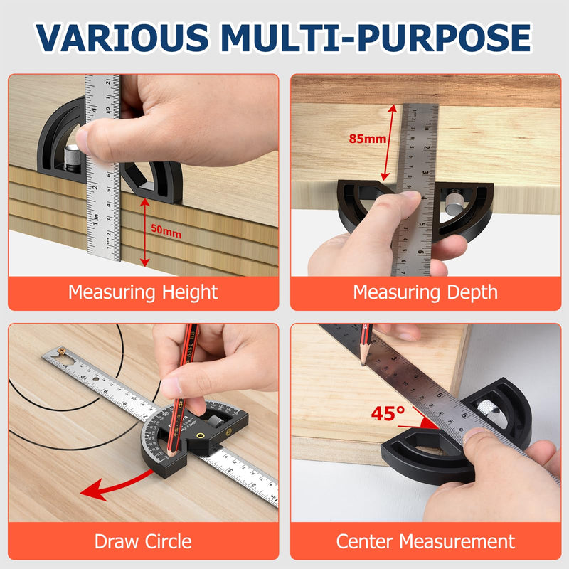Protractor, stop square Preciva universal combination square with ruler stop for precise marking and drawing with multi-angle stop ruler protractor High-quality professional measuring tool