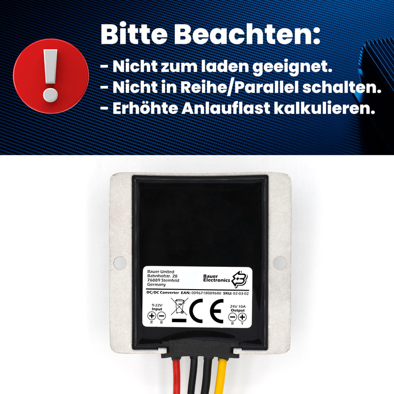 Voltage Converter DC-DC 12V to 24V, 10A 240W | Also for 18V and 20V systems DC-DC step-up converters with stabilised 24V output Input: 9-22V Output: 24V | 240W | 10A