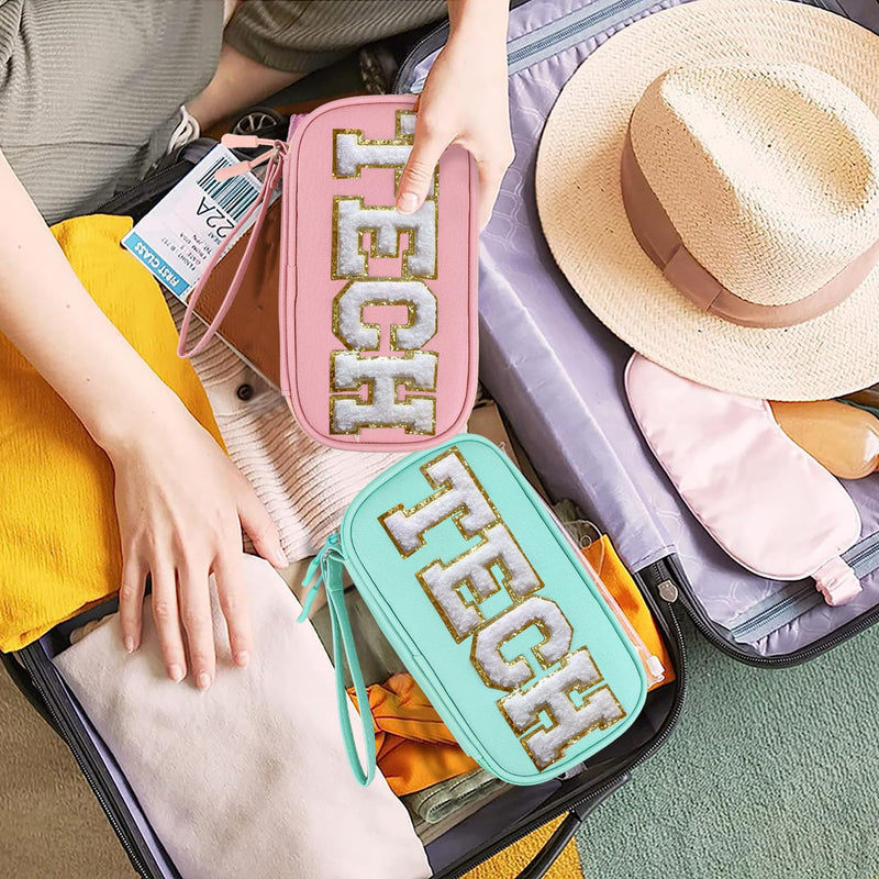 Electronics Organizer Bag Travel with Chenille Letter Patch TECH Traveling Must Have Accessories Cute Personalized Gift for Women Cable Cord Charger Storage Pouch (Greenish Blue) Greenish Blue