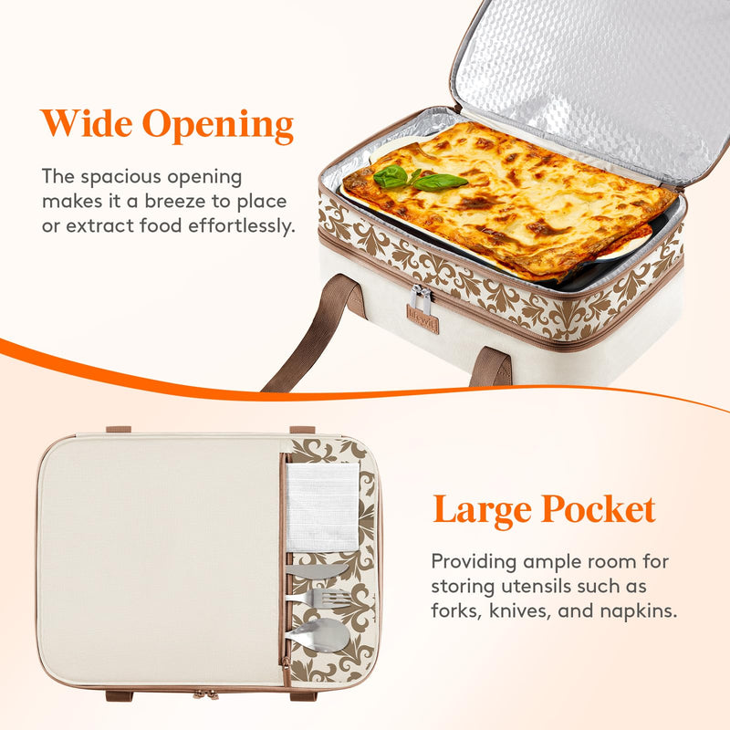 Lifewit Insulated Double Decker Casserole Carrier for Hot or Cold Food, Lasagna Lugger Holder Fits 9" x 13" Baking Dish, Thermal Lunch Tote Bag for Potluck Parties, Picnic and Cookouts, Cream Beige 15.7 x 11.4 x 8.3inch