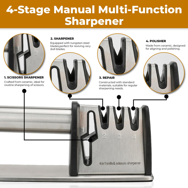 Knife Sharpener, 4 in 1 Knife and Scissors Sharpener, Stainless Steel Sharpening Tool for Kitchen Knives with Non Slip Rubber Base, Ergonomic Handle, Compact Design, Durable Build, Black