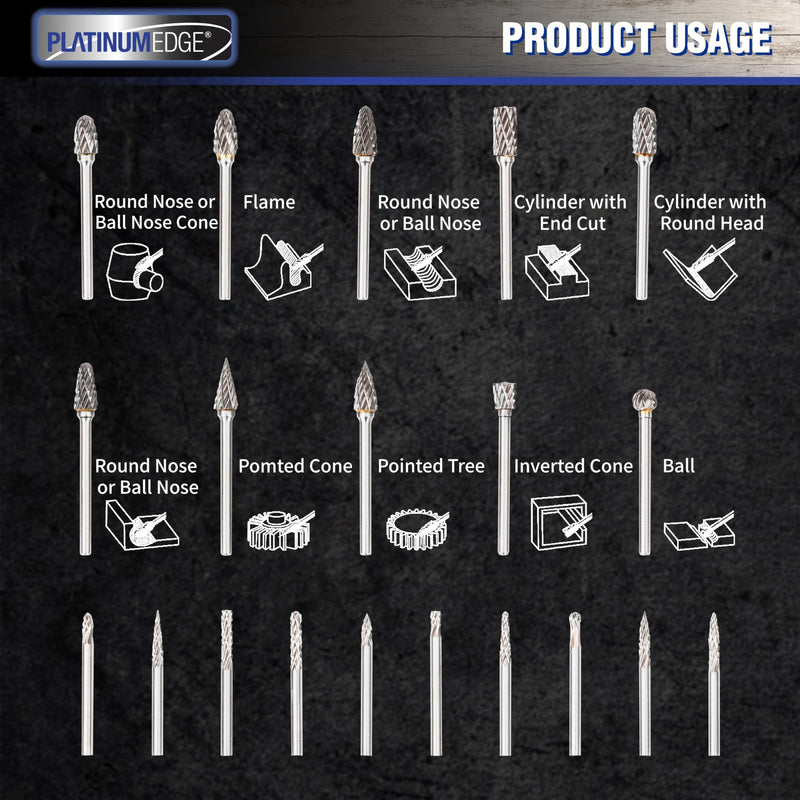 PLATINUMEDGE 20-Piece Carbide Burr Set, Double Cut Tungsten Carbide Rotary Bits with 1/8" Shank – High-Speed Metal Grinding, Carving, Polishing & Engraving for Wood, Stone, Steel, Plastic