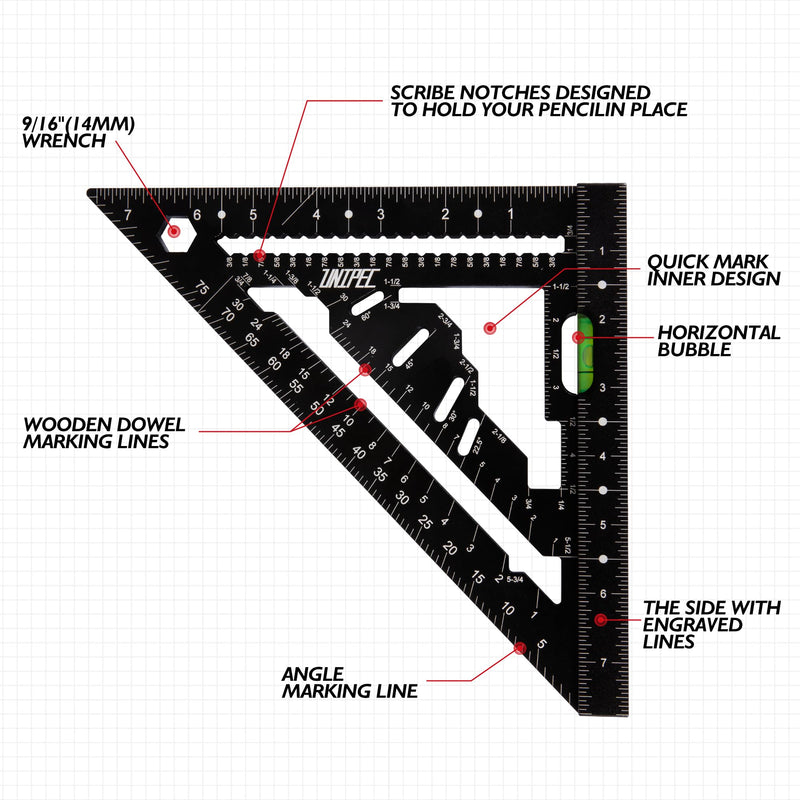 7.5 inch Rafter Square with Level, Aluminum Metal Triangle Ruler Multifunctional Carpenter Square Woodworking Layout Tools 7.5"