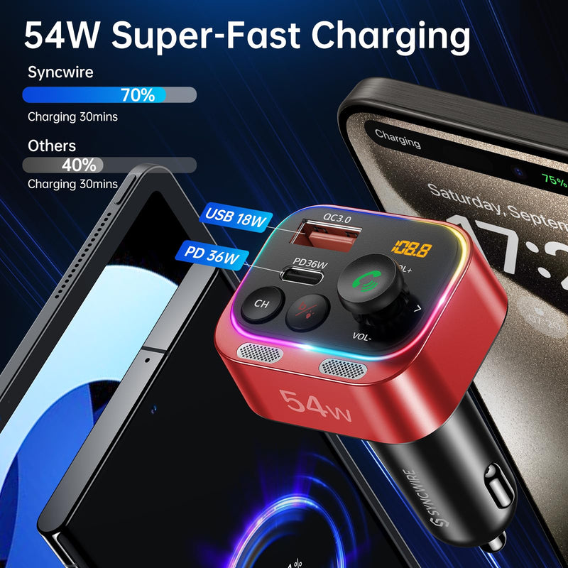 Syncwire Bluetooth 5.4 FM Transmitter Car Adapter 54W (PD 36W & 18W) [Stronger Dual Mics] [Light Switch] [HiFi Bass Sound] [Fast Charging] Wireless Radio Receiver Hands-Free Calling LED Display, Red