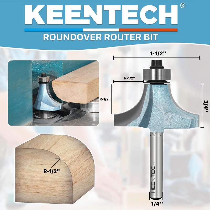 KEENTECH Round Over Router Bit, 1/4" Shank, Edge Forming Router Bit for Wood, Corner Rounding (1/4 Inch Shank , 1-1/2 Inch Diameter , R1/2 Inch Radius) 1/4"(Shank)*3/4"(Depth) -R1/2"(Radius)