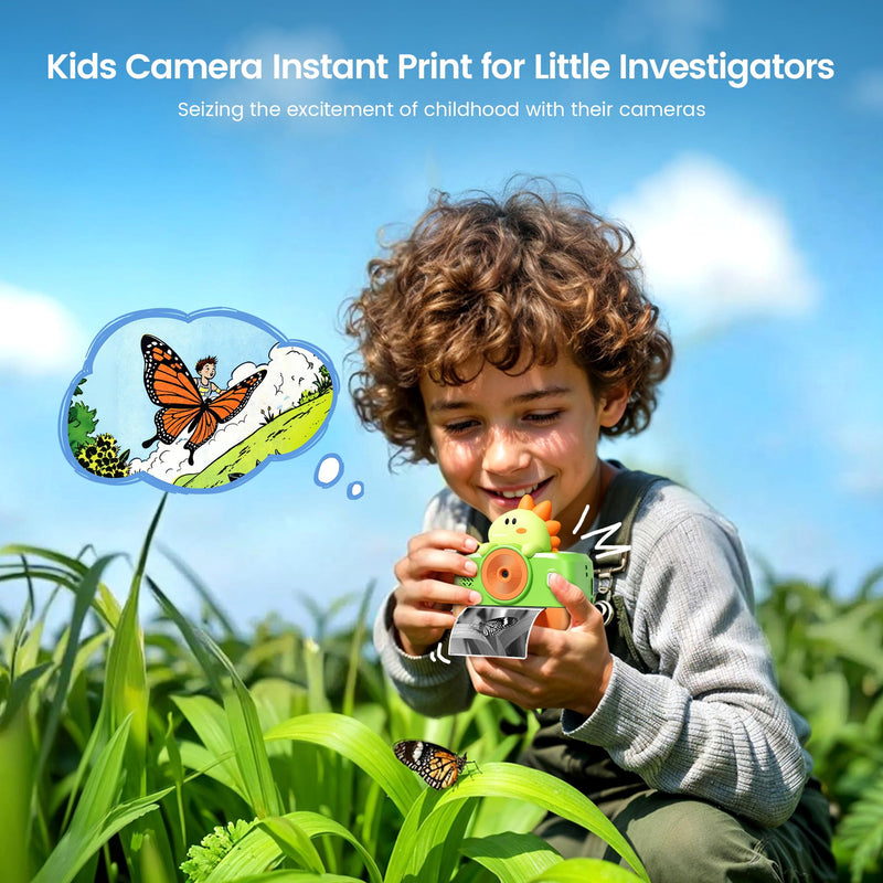 Dinosaur Camera for Kids, Kids Camera Instant Print, Bluetooth Kid Cameras Printer as Birthday Gifts for 2 to 11 Years Old Boys, Cameras for Kid with Sticker Paper, Dinosaur Toys for Toddlers