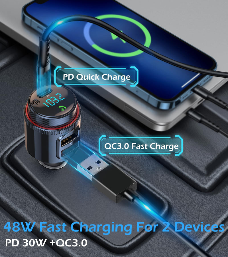 Car Bluetooth Adapter, Wireless FM Transmitter, USB C&QC3.0 Dual Fast Charging, Cigarette Lighter Radio Music, Supports Hands-Free Siri Google Assistant & USB Drive, HiFi Bass Sound
