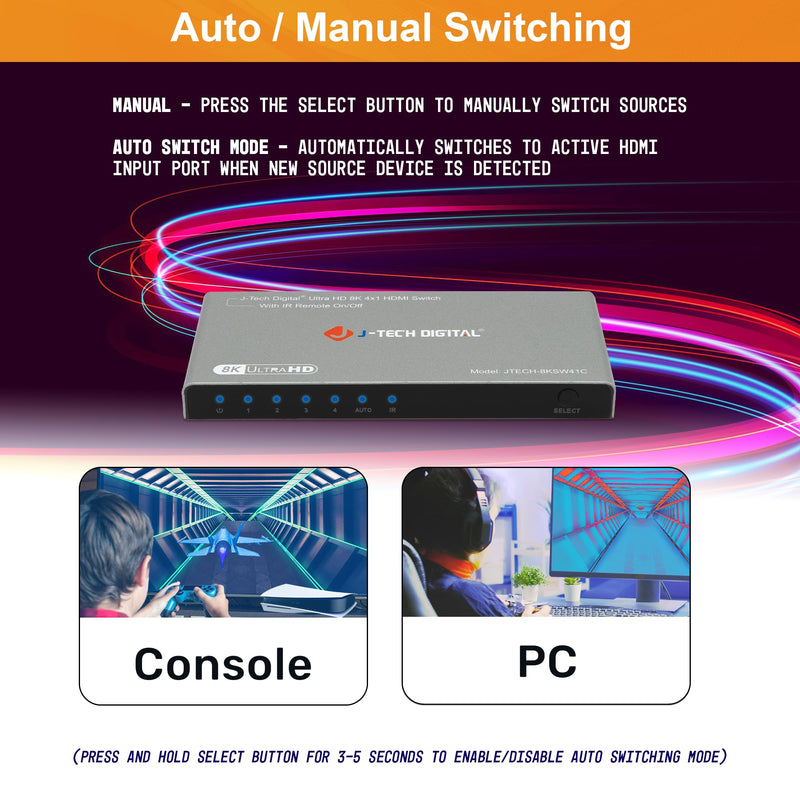 J-Tech Digital HDMI Switch 4K 120hz, 2.1 Switch 4 in 1 Out, 8K 60Hz 1080P 240Hz IR Remote Auto Switch USB C Power Cable, Compatible with HDR & Dolby Vision ALLM VRR QFT [JTECH-8KSW41C] 8K 4X1 HDMI Switch