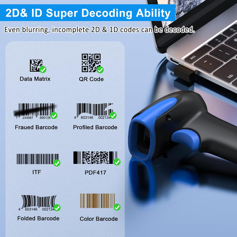 Symcode Wireless Bluetooth Barcode Scanner,3-in-1 Bluetooth & USB Wired & 2.4G Wireless Barcode Reader Scanner 2D 1D QR Code Automatic Fast Precise Bar Code Scanner for Phone Laptop Tablet Blue