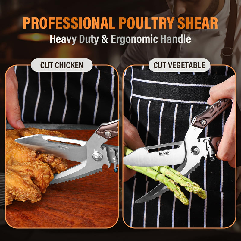 Huusk Heavy Duty Poultry Scissors - Kitchen Scissor for Food with Serrated Edge, Detachable Sharp Shears for Cutting Meat, Chicken Bone and Turkey, Scissors All Purpose for Thanksgiving (Brown) Brown