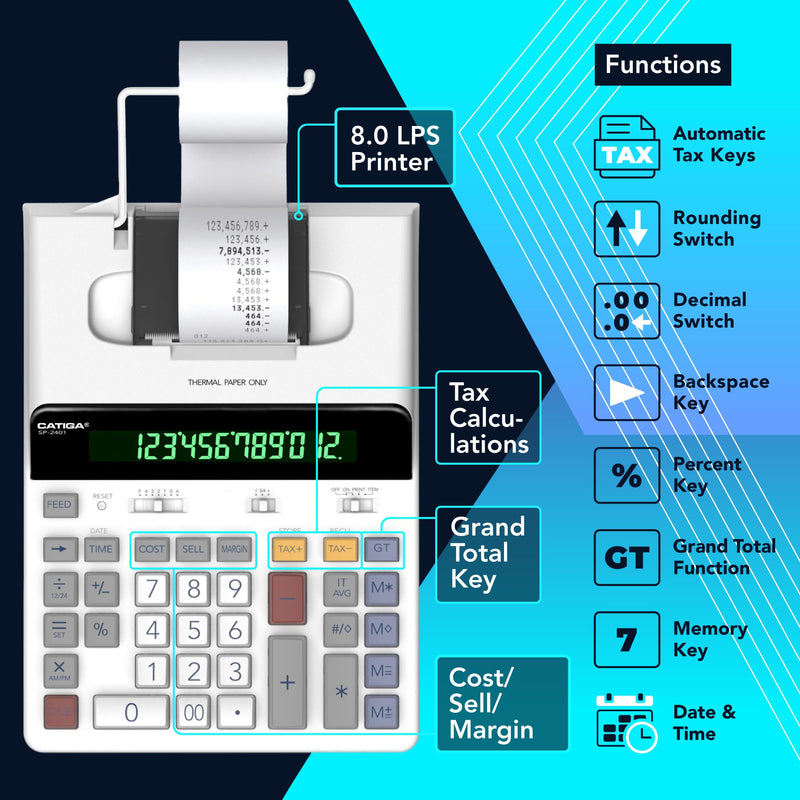 CATIGA 12 Digit Thermal Printing Calculator with Tape Print Out, Ink-Free Adding Machine, 3X Faster Quite at 8.0 LPS, Extra Large Fluorescent Display, Tax Calculation with Clock and Calendar, SP-2401 White (Ink Free)