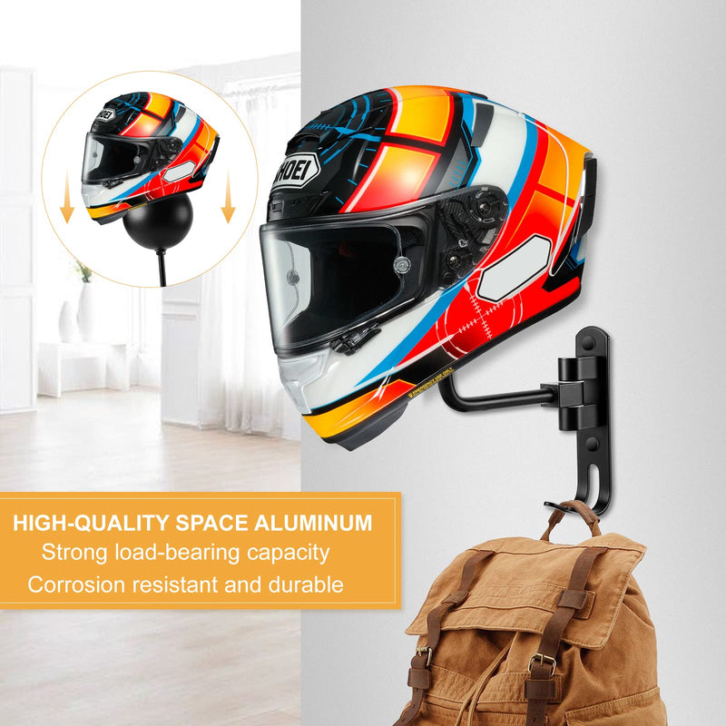 Motorcycle Helmet Holder, Helmet Rack Wall Mount 180 Degree Rotation Helmet Hanger with Double Hook for Coats, Caps, Hats, Motorcycle Accessories 1-PACK