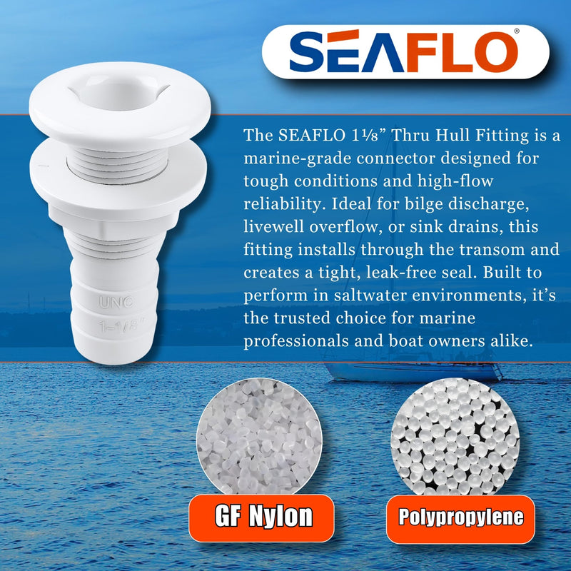 SEAFLO Thru Hull Fitting, Marine Boat, Plastic Drain Overflow Connector, Corrosion Resistant Saltwater Safe, Bilge Port Deck Outlet,(⅝,¾,1,1⅛,1¼,1½, & 2" Options)(1,2,5, &10 Packs)(White/Black) 1⅛” White 5