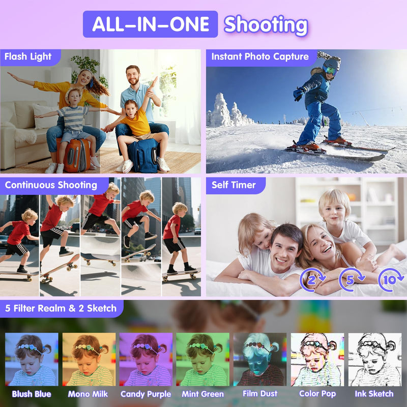 1080P Kids Instant Print Camera - Kids Camera for Girls and Boys, Ages 3-12, Portable Toy with 32GB SD Card & 3 Rolls Printing Paper - Best Christmas Birthday Gift for Kids, Purple