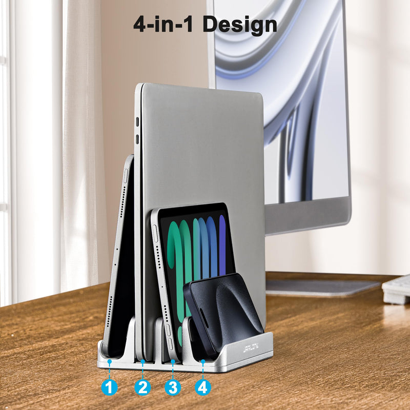 JARLINK 4-in-1 Adjustable Vertical Laptop Stand Holder, Aluminum Dual Slots Laptop Rack for Desk, Space-Saving Organizer Compatible with All MacBook, Surface, Chromebook, and Gaming Laptops (Silver) Silver