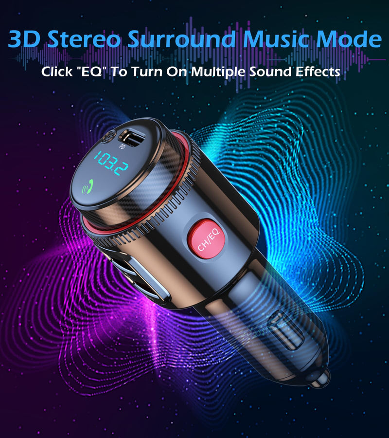 Car Bluetooth Adapter, Wireless FM Transmitter, USB C&QC3.0 Dual Fast Charging, Cigarette Lighter Radio Music, Supports Hands-Free Siri Google Assistant & USB Drive, HiFi Bass Sound