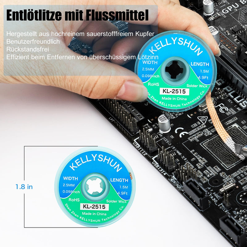 KL-558 Flux Soldering, 10 ml No-Clean Lead-Free Rosin Flux (1 Piece) 2.5 mm / 1.5 m Desoldering Braid (Pack of 3) Suitable for Mobile Phone Soldering, BGA, Household Appliance Repairs Flux (1 piece) desoldering braid (3 pieces)