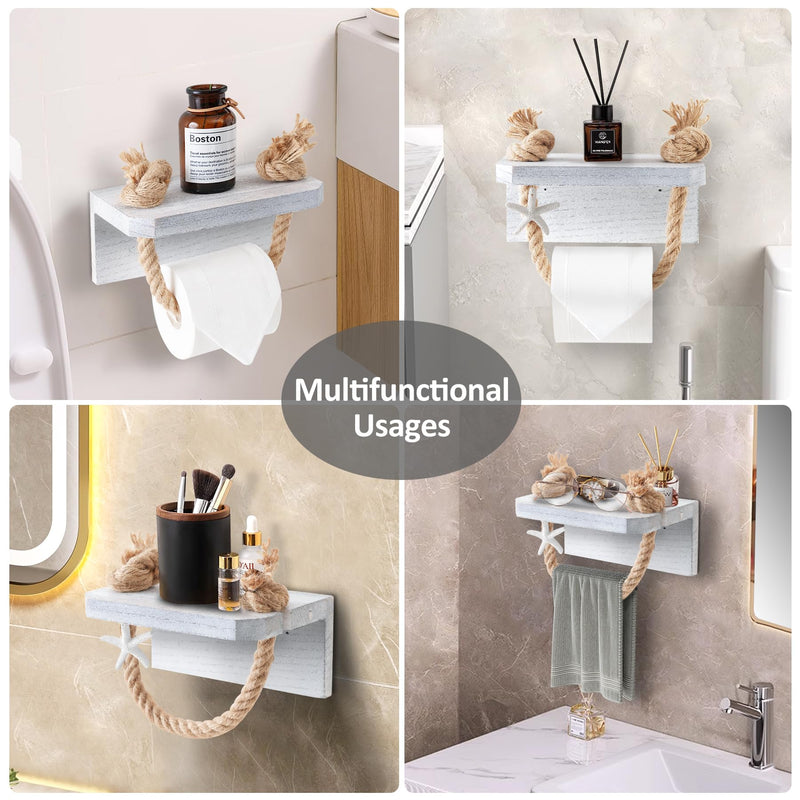 Farmhouse Toilet Paper Holde, Nautical Rope Beach Toilet Paper Roll Holder Pre-Assembled, Morden Farmhous Bathroom Decor Wall Mounted, Starfish Rope Coastal Towel Rack with Wood Shelf Weathered White
