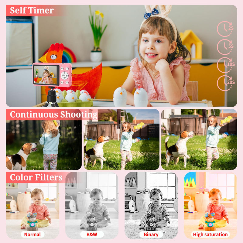 Digital Camera, FHD 4K 64MP Point and Shoot Kids Digital Camera with 64GB Card,18X Zoom, Anti Shake, Compact Small Cameras for Kids Gifts for Teens Girls Boys Pink-Enhanced version