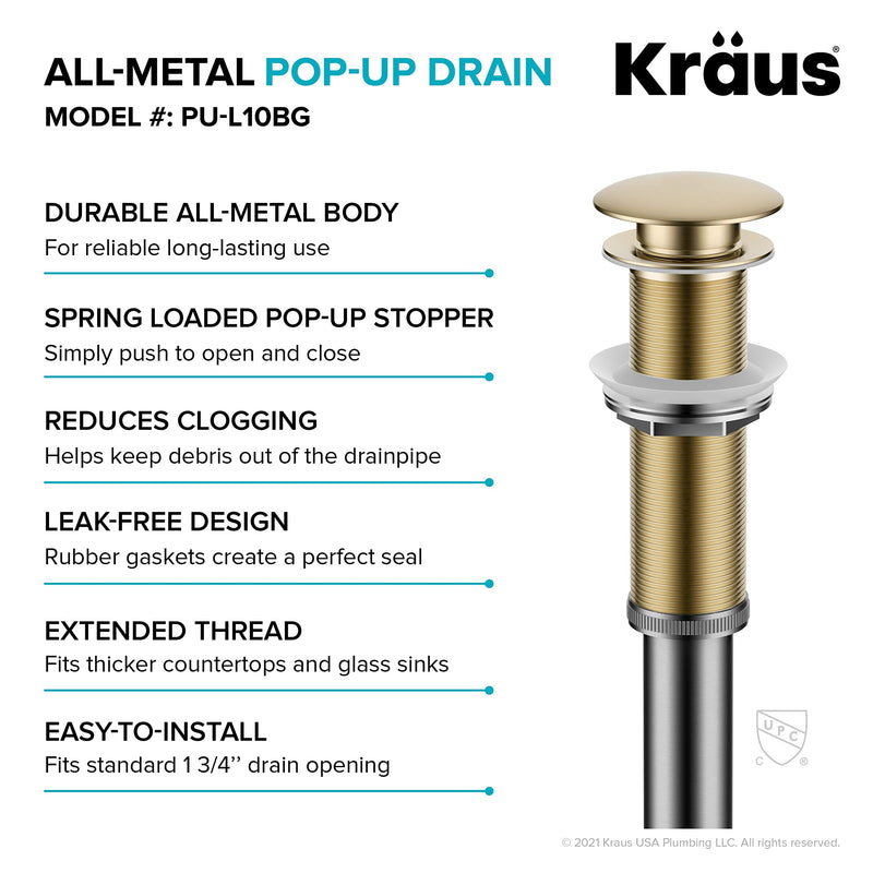 KRAUS Bathroom Sink Pop-Up Drain Assembly in Brushed Gold for Vessel Sinks and Sinks without Overflow, with Extended Thread for Thicker Countertops, PU-L10BG 10 3/4 Inch