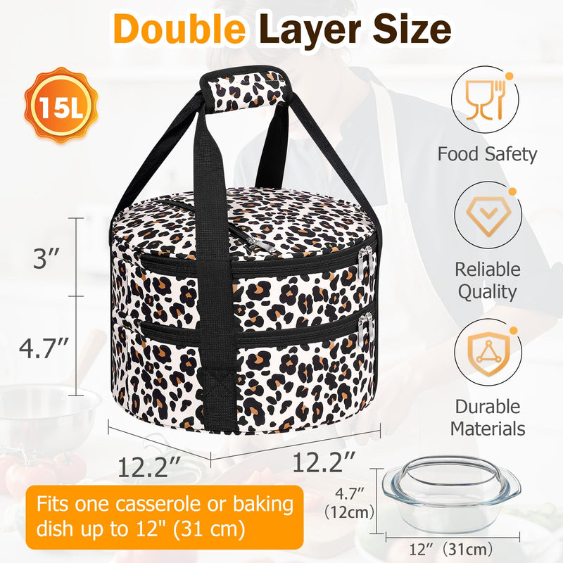 Round Double Insulated Casserole Carrier – 12" Portable Pie Carrier Bag for Hot or Cold Food, Leakproof Thermal Lunch Tote with Handle for Parties Picnic & Travel - Leopard