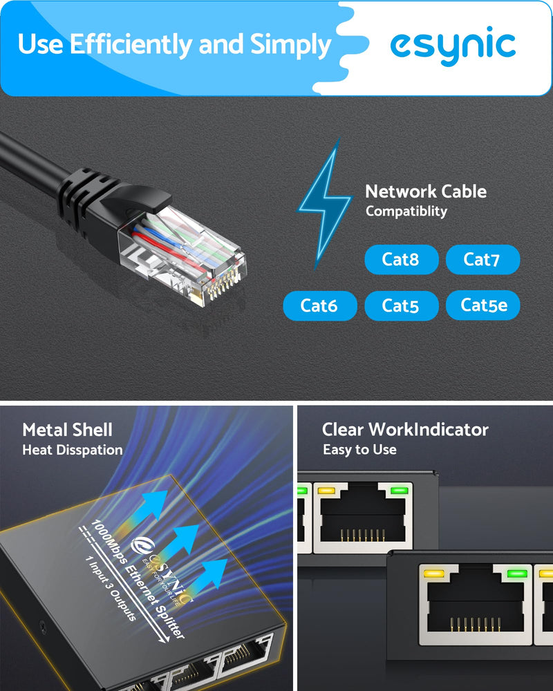 eSynic Ethernet Splitter 1 to 3 Portable 1000Mbps High Speed Network Splitter Durable Metal Case Gigabit RJ45 Internet Splitter for LAN RJ45 ethernet Cable Splitter Work with Cat5/5e/6/7/8 Cable ESY243