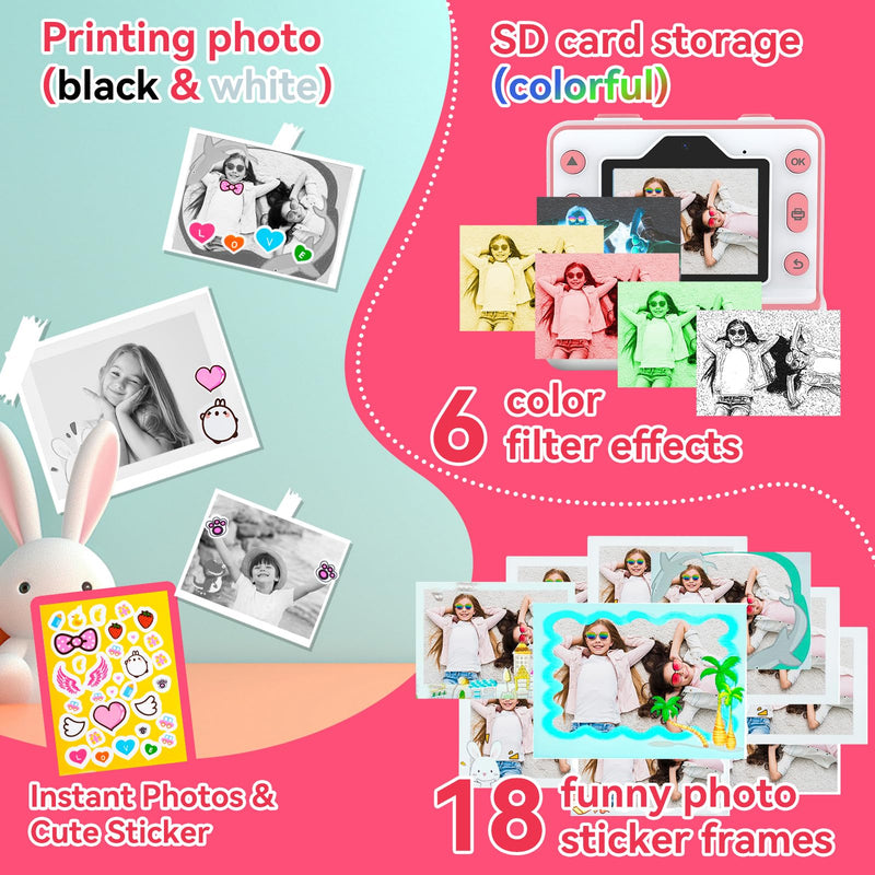 Instant Print Camera for Kids Toddler Camera Print for Girls Boys Age 3-12 2.4 Inch Screen 1080P Selfie Toddler Cameras for Children Birthday Gifts with 3 Rolls Print Paper & 32G Card(Pink) Pink