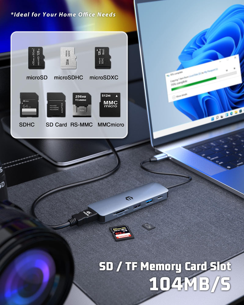 USB C HUB, 6 in 1 USB Adapter, 4K HDMI, 100W PD, USB 3.0 Ports, USB 2.0 Ports, and SD/TF Card Reader, Perfect for Mac Pro/Air, iPad Pro, iMac, and More