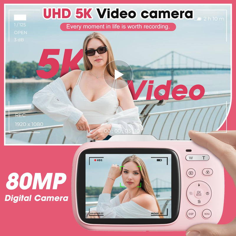 Digital Camera, 5K Vlogging Camera for Photography, 80MP Autofocus Point and Shoot Digital Camera for Beginner Teens Kids, 18X Zoom Portable Compact Travel Camera, Flash, 32GB Card & 2 Batteries(Pink)