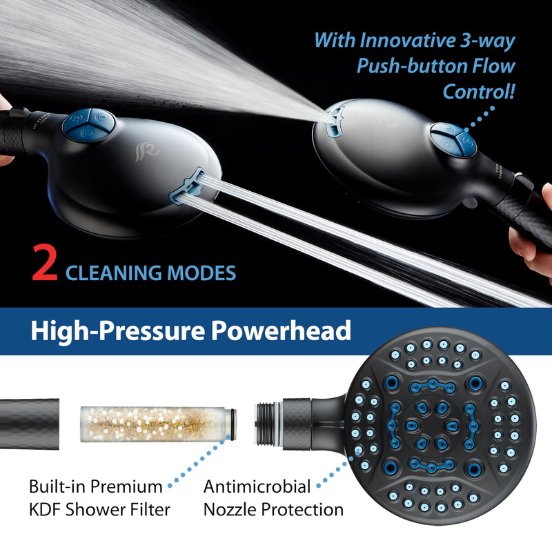 AquaCare 4X High Pressure 10-mode Filter Handheld Shower Head with Dual Power Wash - Clean Tub, Tile & Pets, Remove Chlorine, Metals & Toxins from Water to Protect Skin, Hair & Nails. Matte Black