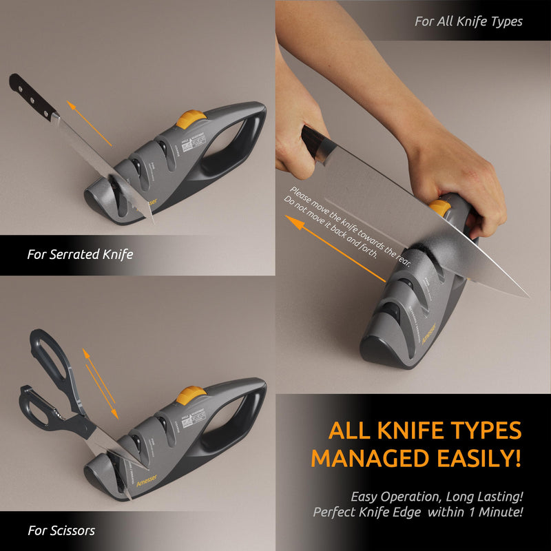 5-Angle Adjustable Knife Sharpener for Kitchen Knives, Scissors & Pocket Knives – Precision 15°-24° Sharpening with Coarse & Fine Slots, Non-Slip Base & Ergonomic Handle, Safe & Easy to Use Gray/Black