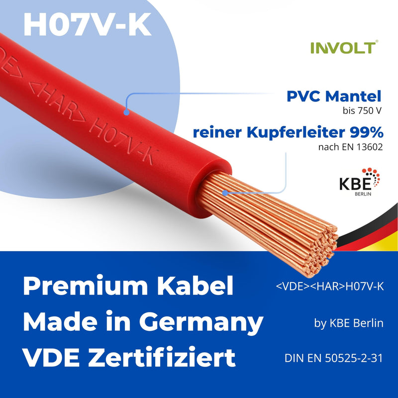 INVOLT 10 m H07V-K 6 mm² Wiring Cable Blue Wire Cable Sold by the Metre | Fine-wired, flexible, grounding cable for electrical installation, made in Germany black