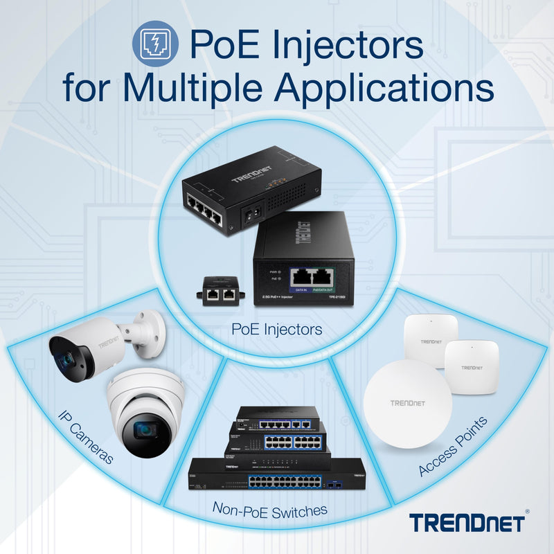 TRENDnet 2.5G PoE+ Injector, TPE-215GI, PoE (15.4W) or PoE+ (30W), Converts a Non-PoE Port to a PoE+ 2.5G Port, 2.5GBASE-T Compliant, Integrated Power Supply, Network a PoE Device Upto 100m, Black 30W