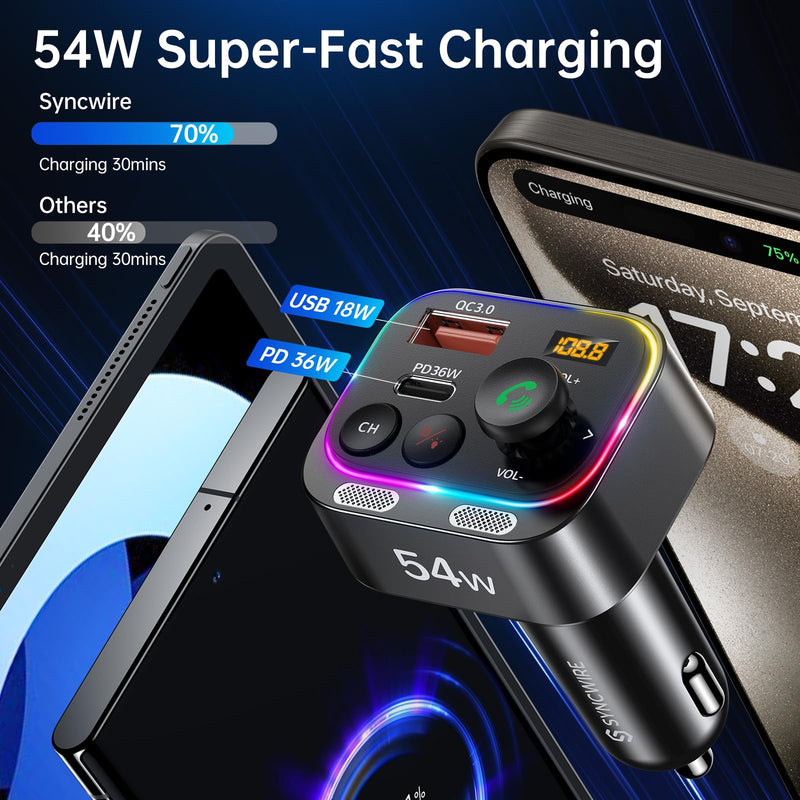 Syncwire Bluetooth 5.4 FM Transmitter Car Adapter 54W (PD 36W & 18W) [Stronger Dual Mics] [Light Switch] [HiFi Bass Sound] [Fast Charging] Wireless Radio Receiver Hands-Free Calling LED Display Black