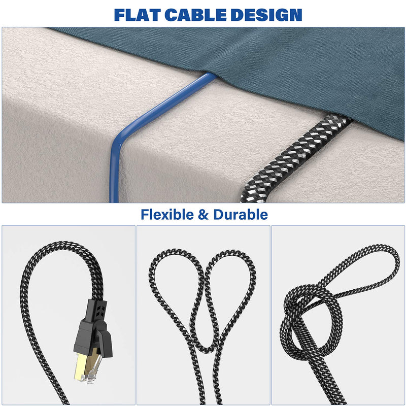 Cat 8 Ethernet Cable 25 ft, Nylon Braided High Speed Heavy Duty Cat8 Network LAN Patch Cord, 40Gbps 2000Mhz SFTP RJ45 Flat Internet Cable Shielded in Wall, Indoor&Outdoor for Modem/Router/Gaming/PC 25ft Black