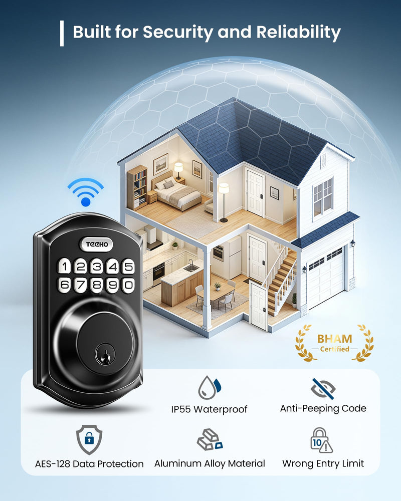 TEEHO TE011W Wi-Fi Keyless Entry Door Lock with Keypad - Smart Deadbolt Lock for Front Door with 2 Keys - Remote Control, Compatible with Alexa & Google, APP Unlock - Easy Installation - Matte Black