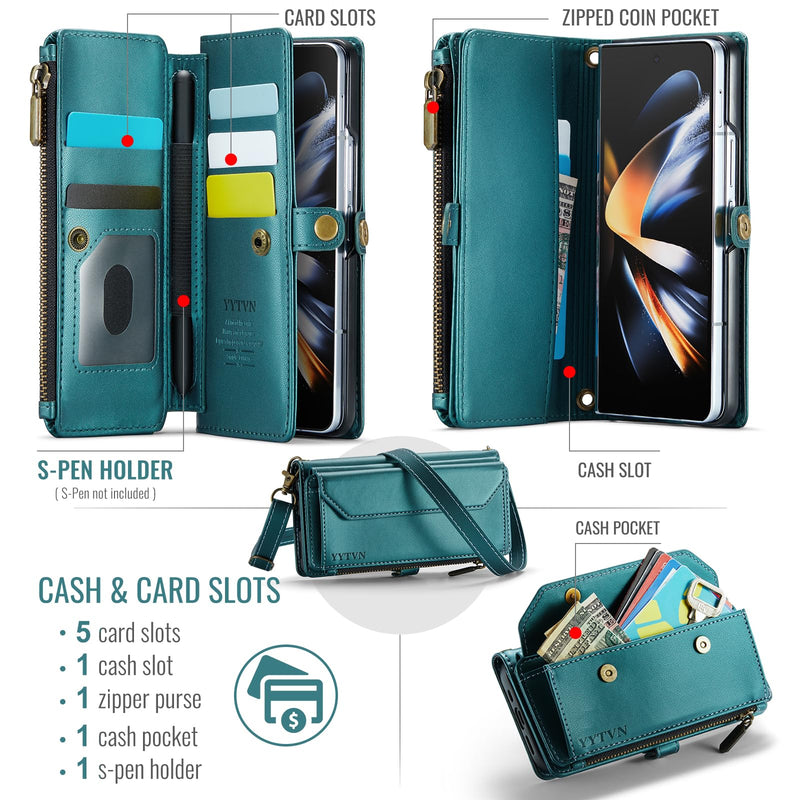 for Samsung Galaxy Z Fold 4 Wallet Case with Zipper Card Holder & Crossbody Lanyard Strap & Wrist Strap, RFID Blocking PU Leather Magnetic Flip Handbag Purse Case for Galaxy Z Fold 4 -Green 024-Green