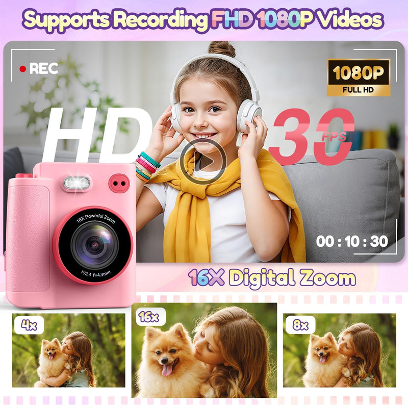 Gift for 3-12 Year Old Girls: Kids Camera Digital Instant Print 1080P Dual Camera Toys Birthday Christmas Valentines Gifts for Kid Girls Boys Ages 3 4 5 6 7 8 9 10 with 32G SD Card Storage Bag Pink