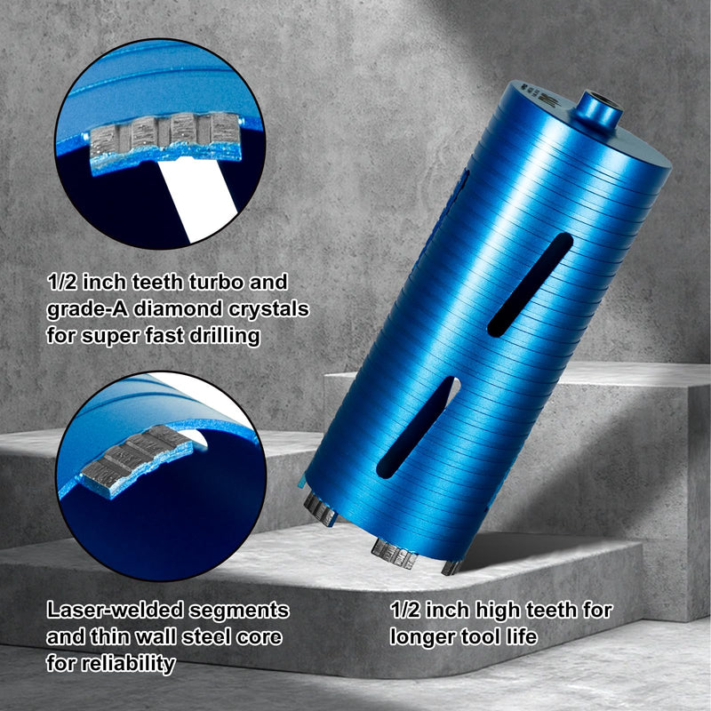 SALI Diamond Core Drill Bits 2" Diameter 10"/254mm Drilling Depth 5/8-11" Thread Core Bit Turbo Laser-Welded Segments for Cured Concrete with, Brick, Block, Masonry, with Two Adapters 2 inch