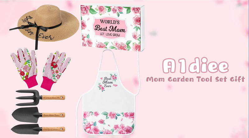 Mom Garden Tools Pink Hand Rake Transplanter Apron Trowel Straw Hat Planting Gloves Gardening Set with Box Outdoor Horticulture Starter for Best Mother in Law Plant Lover