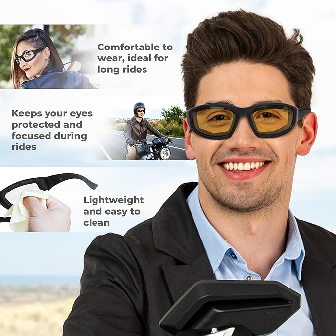 3 Pairs Motorcycle Riding Glasses Foam Padded Eyewear Goggles UV Protection Anti-Wind Dustproof Motorcycle Sunglasses for Outdoor Activities Sports-Clear Yellow Smoke