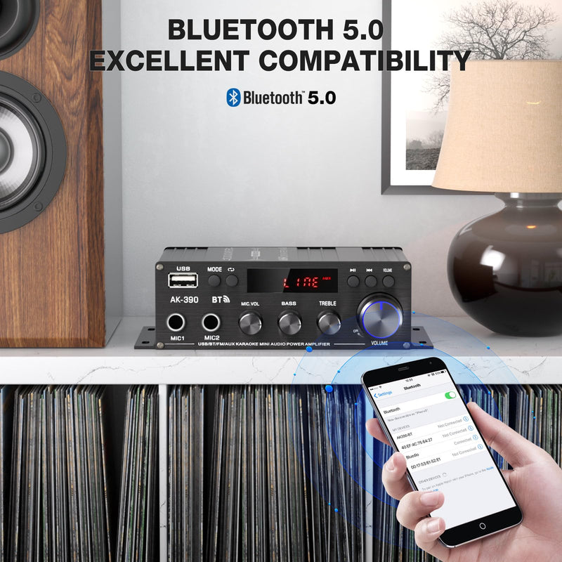 AK-390 2.0CH Stereo Amplifier, Max 400W HiFi Stereo Amplifier, Bluetooth 5.0 Home Audio Power Amplifiers with MIC/RCA/USB/SD for Car Home Karaoke Bar Garage, Remote Control & Power Adapter