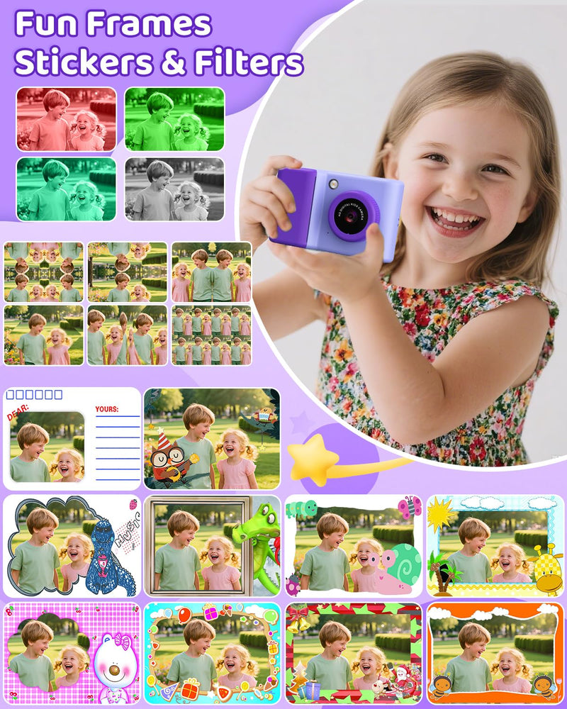 Kids Camera Instant Print, 20MP 1080P Video Instant Print Camera for Kids with 32GB SD Card, 240 Photos Printing, Face Recognition, ABS Durable, Christmas Birthday Gifts for Ages 3-12 Purple