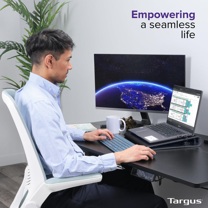 Targus 17 Inch Dual Fan Lap Chill Mat - Soft Neoprene Laptop Cooling Pad for Heat Protection, Fits Most 17" Laptops and Smaller - USB-A Connected Dual Fans for Heat Dispersion (AWE55US) Tilted