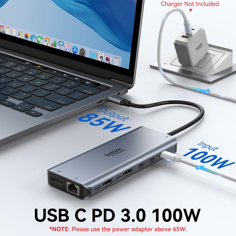 USB C Docking Station Dual Monitor,Selore 13 in 1 USB C Hub 3 Monitors with Dual HDMI,DP,10G USB A/C,100W PD,5 USB A/C Ports,Gigabit Ethernet,Laptop Docking Station for Dell,Hp,Lenovo,MacBook.etc Sliver Gray