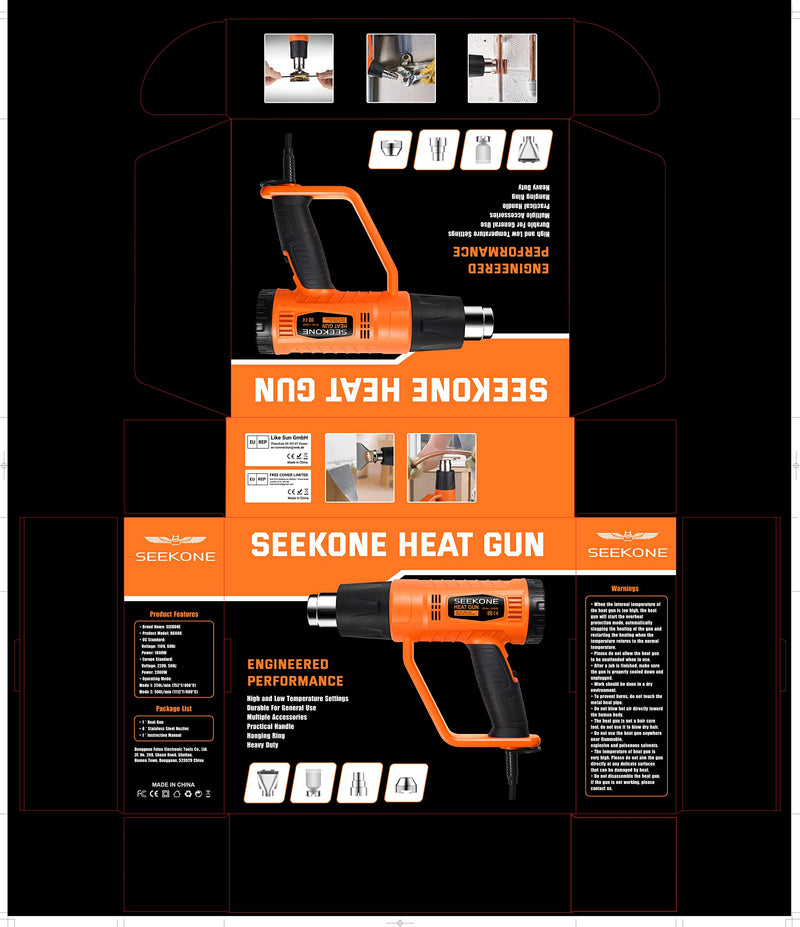 SEEKONE hot air gun, 2000W hot air dryer (400℃/600℃) high performance with 2 temperature settings, non-slip handle, flame retardant protective cover, 4 nozzles for removing paint, soldering pipes
